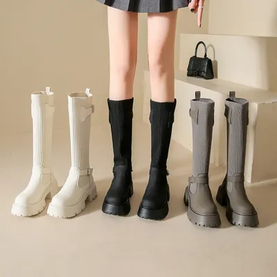 Long Boots Women New Knitted Elastic Boots Retro Thick-soled Women's High Boots Knee-length Boots Elegant Boots and Women shoes