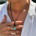 Ring Turquoise Necklace Men's Trendy High-end Hip-hop Niche Retro Leather Collarbone Chain Men's