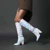 Slouch Falten Frauen Stiefel Bunte Spitz Starke Heels Falten Stiefel Frau Mode Bling Leder Knie Hohe Stiefel Winter Schuhe