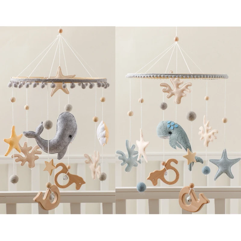 Baby Weiches Filz Cartoon Wolle Ball Muschel Rasseln Hängen Bett Glocke Neugeborenen Mobile Krippe Holz Halterung Montessori Bildung Spielzeug Image