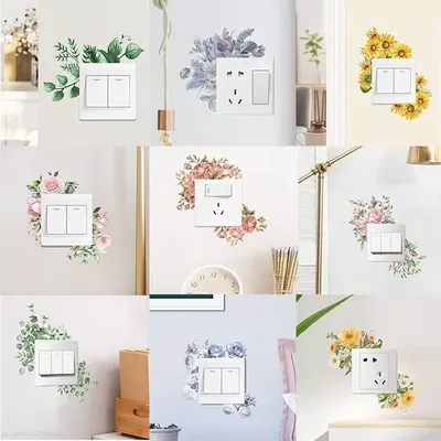 Blumenschalter-Aufkleber, grüne Blätter, Pflanzen, Wandaufkleber, tropischer Schalter, Tapete, selbstklebende Wandaufkleber, Heimdekoration, DIY Image