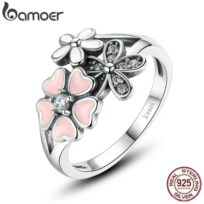 BAMOER Mode 925 Sterling Silber Rosa Blume Poetische Daisy Kirschblüte Finger Ring für Frauen #6 7 8