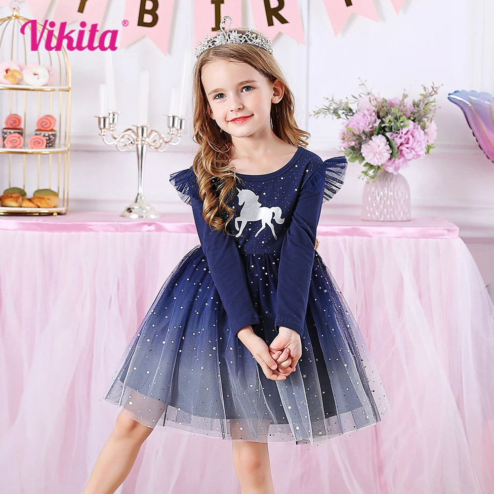 VIKITA Einhorn Kinder Kleider Für Mädchen Fliegen Hülse Baumwolle Prinzessin Mädchen Kleid Winter Kinder Geburtstag Party Mädchen Kleidung Image