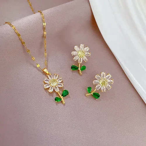 schmuck damen schmuck sets Modische charmante weiße grüne Blatt Sonnenblumen Halskette und Ohrringe