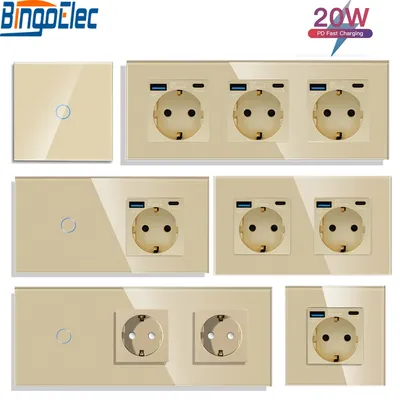 Einzelwandsteckdose mit USB-Anschlüssen vom Typ C, 20 W, doppelte Glassteckdose, dreifache Image