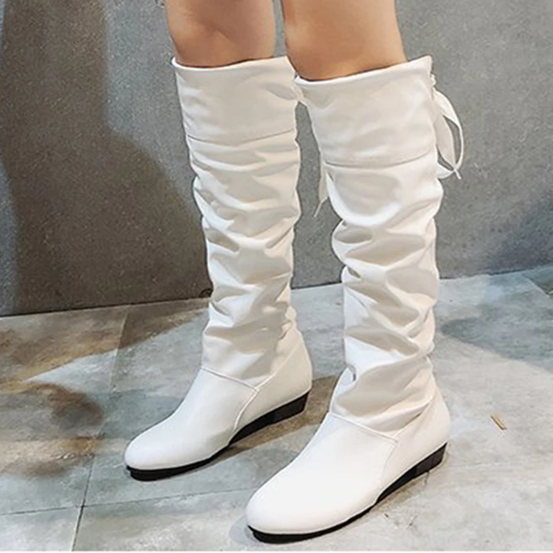 2023 schuhe Für Frauen Kniehohe Stiefel Rot Schwarz Weiß Hohe Stiefel Frau Plissee Niedrigen Ferse Casual Leder Weibliche Lange schuhe