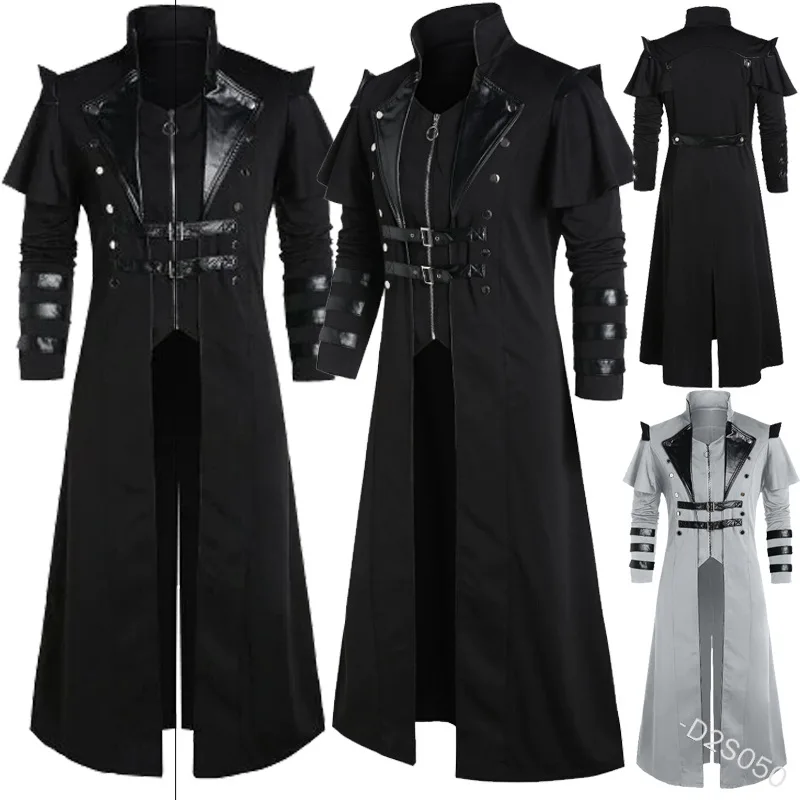 Halloween Medieval Steampunk Assassins Elfen Pirate Kostüm Für Erwachsene Schwarz Vintage Lange Split Jacke Gothic Rüstung Leder Mäntel Image