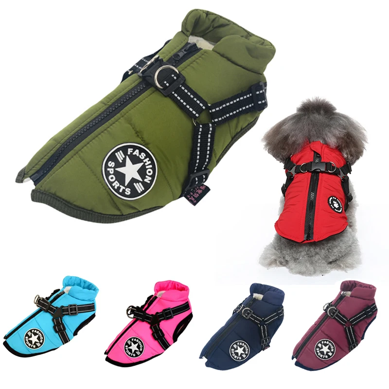 Große Hunde jacke mit Geschirr Winter warme Hunde kleidung für Labrador wasserdichte große Hunde mantel Chihuahua französische Bulldogge Outfits Image