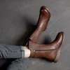 Schuhe Mid Calf Damen stiefel Keil absatz Biker Schuhe für Frau halb hoch Leder braun Mode im