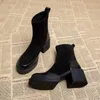 Kurze Schuhe für Damen, schwarze Damen-Stiefeletten, Sockenschuhe, Kampfstiefeletten, sehr hohe Absätze, Wildleder, Punk-Stil, Herbststiefel mit Absatz
