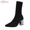 Aphixta Metall Farbe 7 cm Platz Heels Socken Stiefel Frauen Große Größe 43 Stretch Stoff Elastische Spitz Schuhe Ankle boot Frau