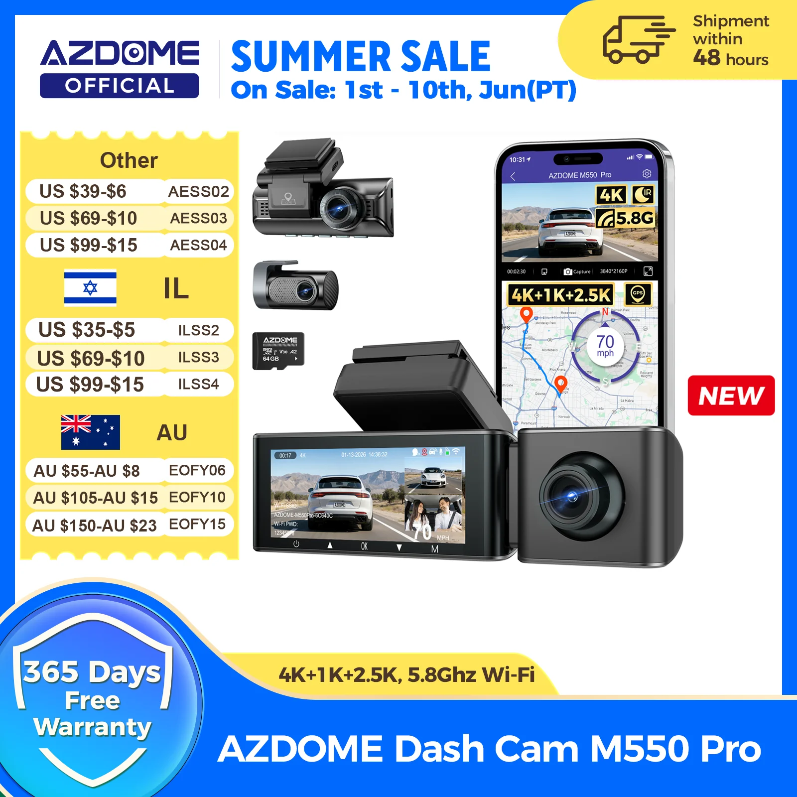 AZDOME M550 Pro Dashcam Auto DVR 5,8 GHz WiFi 3,19" IPS 2 oder 3 Kanal Dash Kamera GPS Nachtsicht Dual 4K+1080P Parkmonitor Image