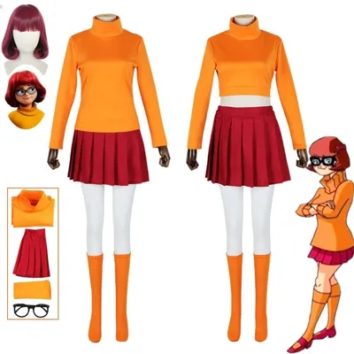 Anime velma seragam cosplay kostum orange kurzer rock uniform wanita oranye kaus kaki rok atas halloween party karneval set Image