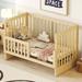 Toddler Bed with Safety Guardrail, Convertible Crib/Full Size Bed Wood Platform Bed Frame with Shelf for Kids Toddler, Natural