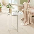 VECELO Small Round Side End Table Folding Metal Coffee Table with Removable Tray for Living Room Bedroom Balcony and Office Beige