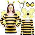 Panitay 4 Pcs Bee Costume Kit Halloween Bee Cosplay Costume Accessories Bee Wings Antenna Headband T Shirt and Glasses, Yellow and Black, Medium