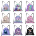 Travel Drawstring Pocket Fashion Cute Unicorn Floral Printed Shoes Bag Kawaii Animal Backpack For