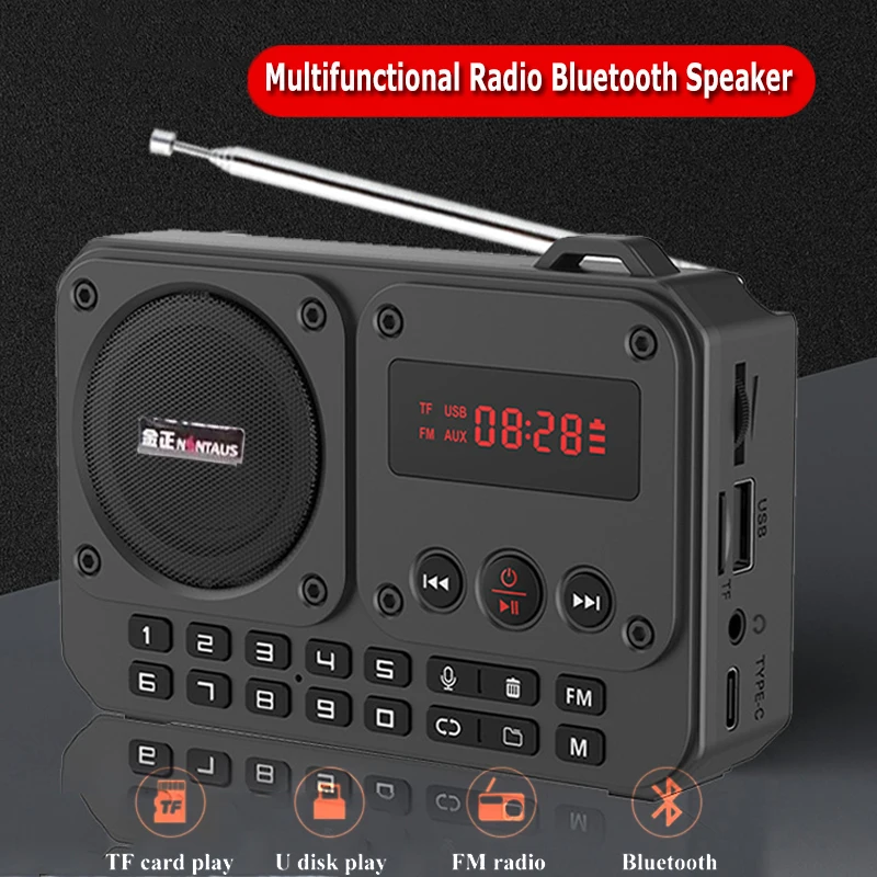 Tragbares Mini-FM-Radio, multifunktionale Funkgeräte, Bluetooth-Lautsprecher, Recorder mit LED-Anzeige, Ordner, Umschaltung, TF-Karte, U-Disk-Wiedergabe