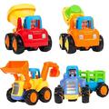 JUNWELL Set of 4 Cartoon Friction Powered Push & Play Vehicles for Toddlers - Dump Truck Cement Mixer Bulldozer Tractor