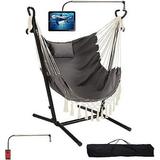 Hammock With Stand Included Heavy Duty Double Swing Chair Outdoor/Indoor W. Pillow & Cellphone/Tablet Holder Macrame Handmade Adjustable Portable Confortable Patio Yard Porch Chair 400Lbs Capacity