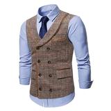 Mens Casual Suede Vest Jacket Retro Double-Breasted Suit Vest Classic Plaid Stripe Lapel Collar Dress Waistcoat