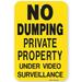 No Dumping Private Property Under Video Surveillance Sign (Black on Yellow). Non-Reflective Aluminun Sign. By Highway Traffic Supply.
