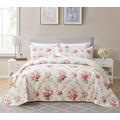 3 Pieces Floral Quilt Set Queen Size Beige Pink Rose Print Shabby Chic Bedspread Coverlet Lightweight Bed Cover for All Season - 90" x 96"