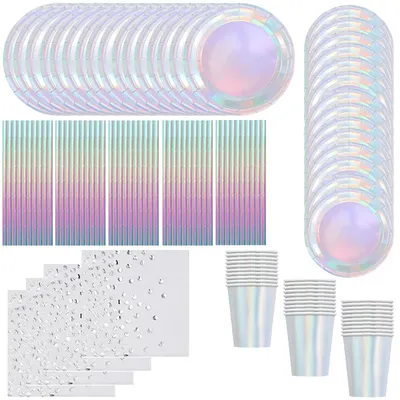 Laser Disposable Tableware Sets Silver Party Paper Cups Paper Plates Straw Party Tableware Wedding