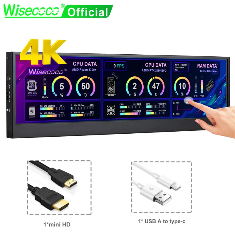 Wisecoco 14 Zoll 4K 3840 x 1100 Aida64 IPS LCD-Monitor Ultrawide PC Sekundäre Gaming-Konsole für Raspberry Pi5 7,8''/8,8''/12,6''