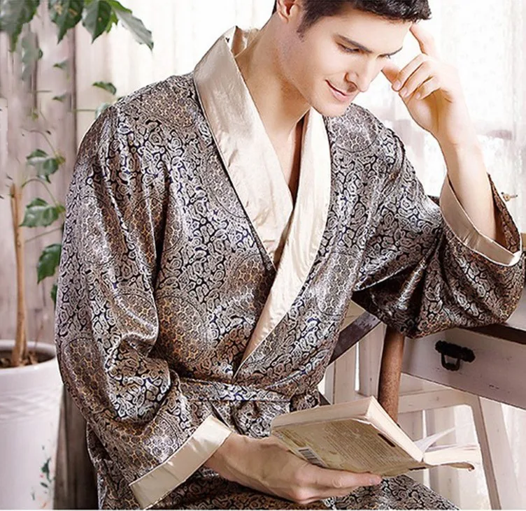 Herren Robe Nachthemd Satin Kimono Bademantel Kleid Casual Nachtwäsche Plus Size Print Gold Home Dressing Kleid 3XL 4XL 5XL Image