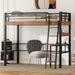 Retro Metal Loft Bed with Built-in Desk, Wood/Metal Structure Bed Frame with Storage Shelf and Anti-slip Ladder