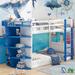 Twin Over Twin Bunk Bed with Storage Shelves, Wooden Bunk Bed Frame for Kids Teens Girls Boys, Boat-Like Shape Design,White+Blue