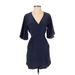 BCBGMAXAZRIA Casual Dress - Mini V Neck 3/4 sleeves: Blue Print Dresses - Women's Size 2X-Small