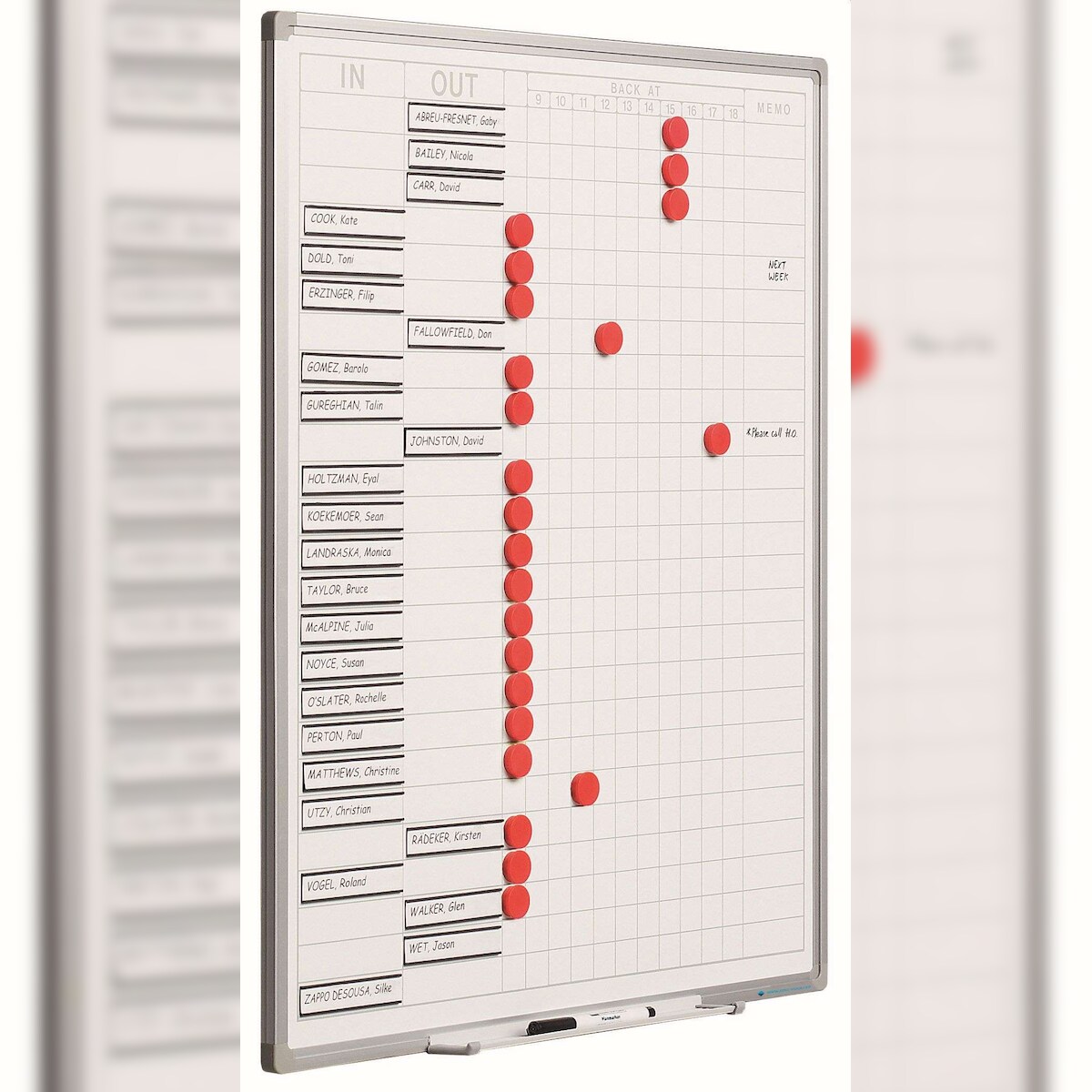PROREGAL Magnetisches Anwesenheits-Whiteboard Slim für 25 Namen, inkl 25 rote Magnete, 25 Namenshalter, Befestigungsmaterial, Stiftablage, HxB 70x60cm Image