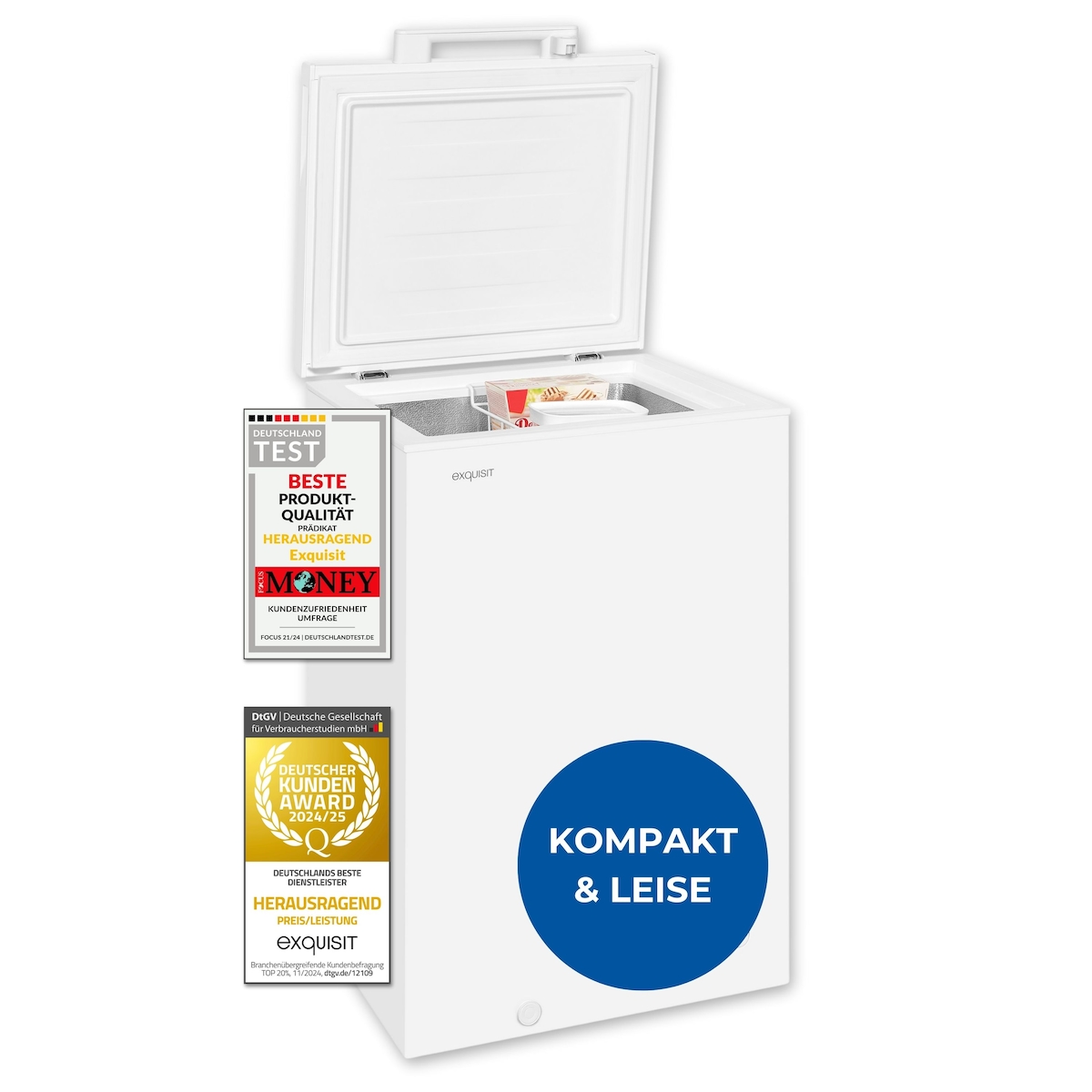 Exquisit Gefriertruhe GT5100-010E weiss | 95 l Nutzinhalt | 4*-Gefrieren | Temperaturregler | Mit Einhängekorb | Wasserauslass Image