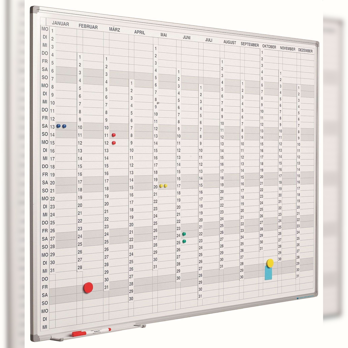 PROREGAL Jahresplaner Whiteboard Slim inkl. magnetische Monat-, Tages- & Zifferstreifen, HxB 60x90cm, inkl. Befestigungsmaterial & Stiftablage, Weiß Image
