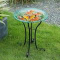 Luxen Home Butterfly and Flowers Glass Bird Bath with Metal Stand