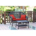 Santa Maria Espresso Wicker Patio Love Seat & Coffee Table Set - Brick Red Cushions