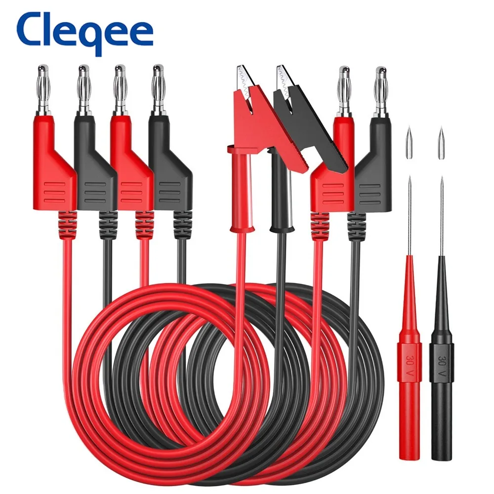 Cleqee Multimeter-Messleitungen-Set, Dual 4 mm, stapelbar, Bananenstecker, Krokodilklemmen, Kabel mit Prüfspitzen, Nadel, 1000 V, 15 A Image