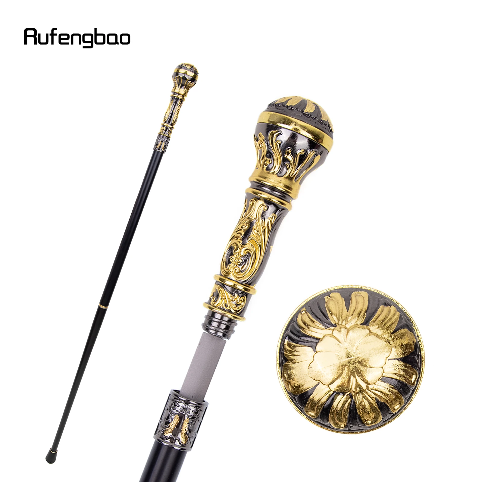 Goldener schwarzer Luxus-Gehstock mit rundem Griff und versteckter Platte, Selbstverteidigung, modischer Gehstock, Platte, Cosplay, Crosier-Stick, 93 cm Image