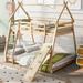 House Bunk Beds for Kids, Wood Twin Over Queen Bunk Bed with Climbing Nets and Climbing Ramp,Playhouse Bunk Bed for Girls Boys