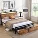 Full/Queen Size Metal Platform Bed with Storage Headboard and 2 Drawers, LED Lights Bed with Charging Station