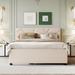 Beige Queen Size Upholstered Platform Bed with Linen Fabric Brick Pattern Headboard and Twin XL Size Trundle Bed Frame