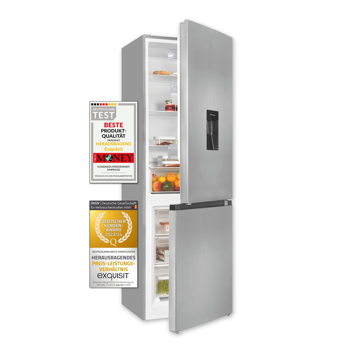 Exquisit Kühl-Gefrierkombination KGC320-95-E-WS-040C inoxlook | 313 L Volumen | Kühlgefrierkombination freistehend mit Wasserspender | 4* Gefrieren Image