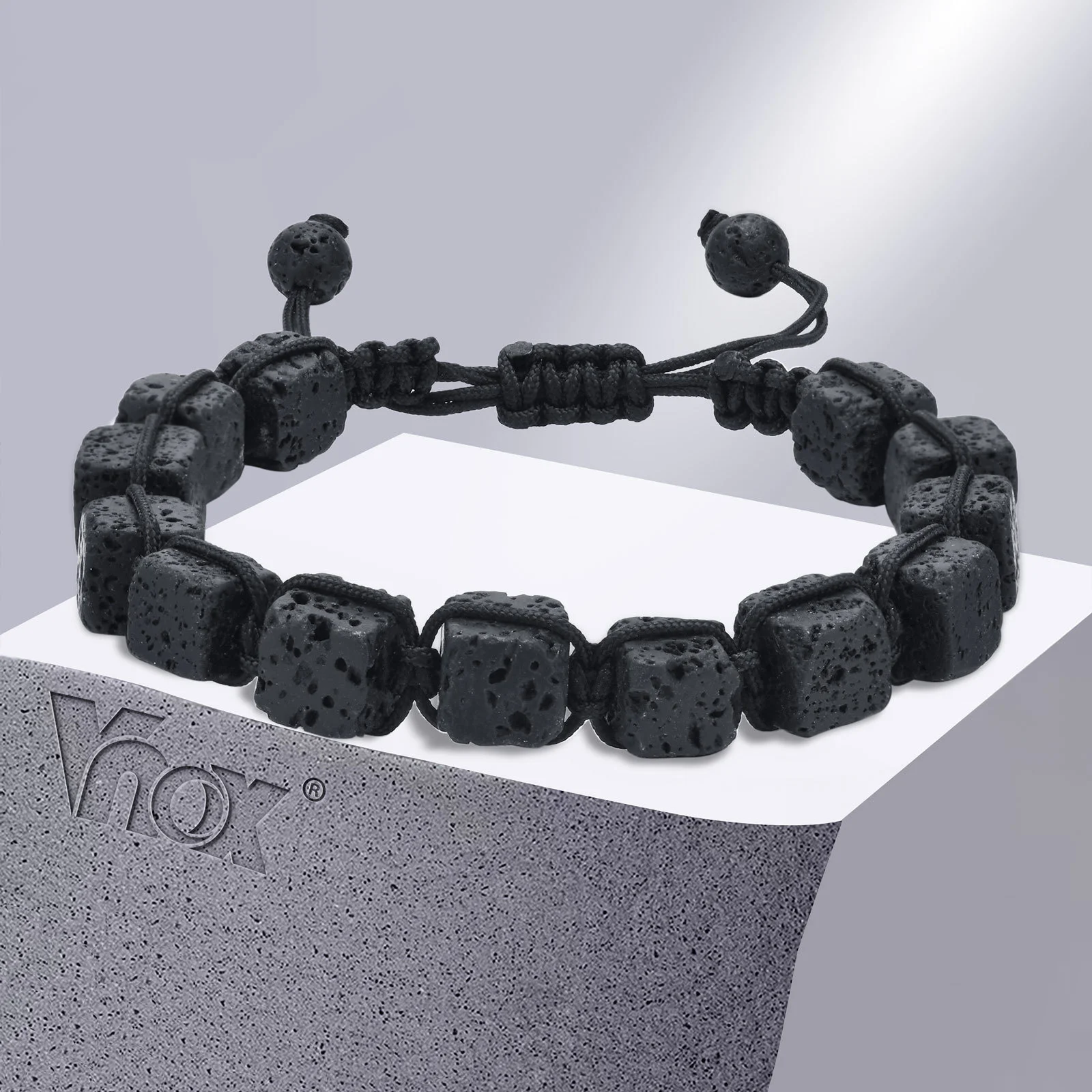 Vnox Braccialetti in pietra lavica nera, bracciale da uomo in pietra naturale con energia energetica, bracciale classico con perline quadrate geometriche fatte a mano da 8 mm