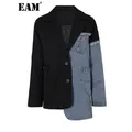 [EAM] Blazer Casual irregolare in Denim blu da donna nuovo bavero manica lunga giacca ampia moda