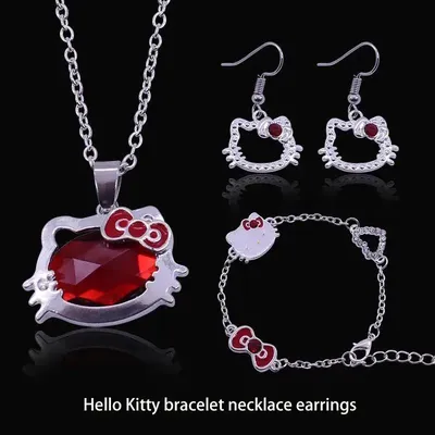 Sanrio Hello Kitty bracciale collana orecchini Set di gioielli rubino accessori moda decorare