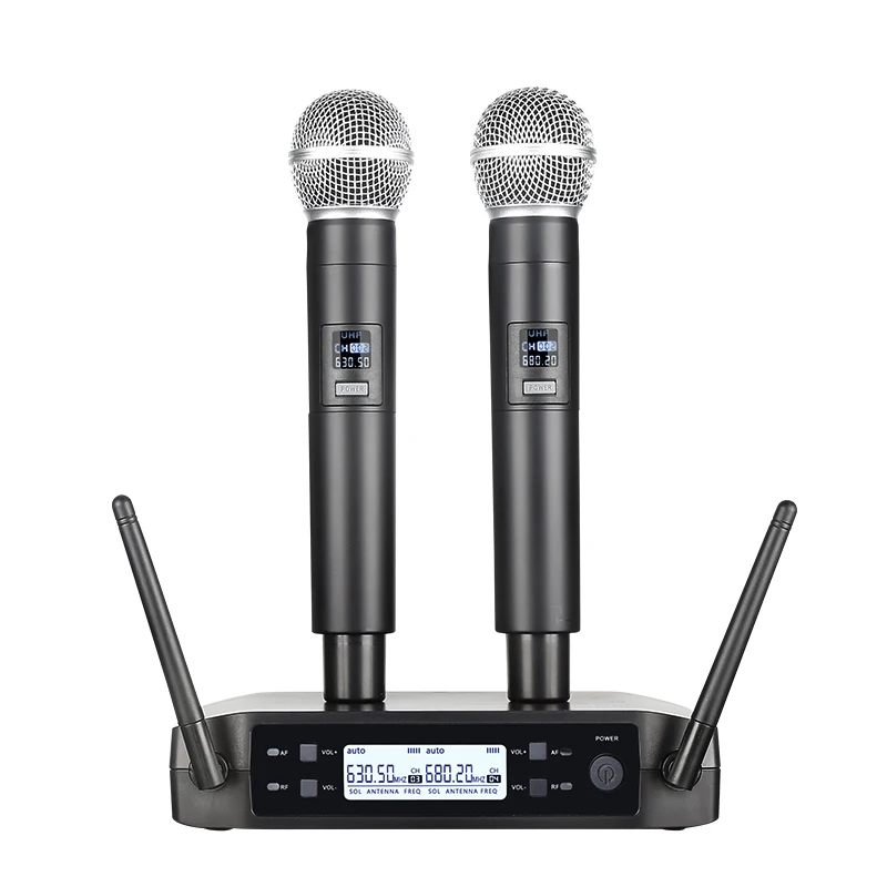 Microfono wireless portatile a doppio canale UHF Microfono dinamico a frequenza fissa per Karaoke Wedding Party Band Church Show