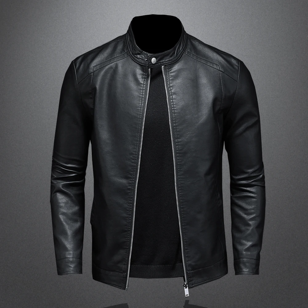 Giacca in pelle autunno-primavera da uomo colletto alla coreana giacca in pelle PU sottile cappotto causale da moto moda cappotto in pelle da motociclista da uomo