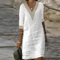 Abito donna in lino di cotone 2023 estate Sexy scollo a v abito bianco elegante lusso Casual tinta